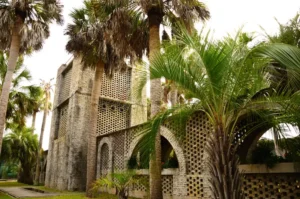 Atalaya Castle in Myrtle Beach, a historic Spanish-style mansion with arched walkways and brick walls in Huntington Beach State Park.