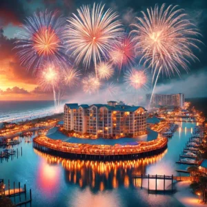 Spectacular fireworks reflecting on the water at Barefoot Landing in North Myrtle Beach.