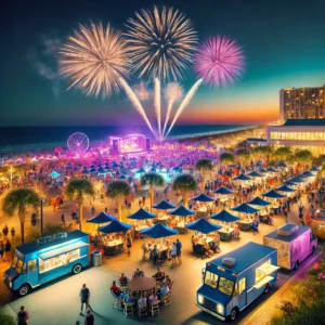 Fireworks lighting up the sky during the Myrtle Beach Food Truck Festival celebration.