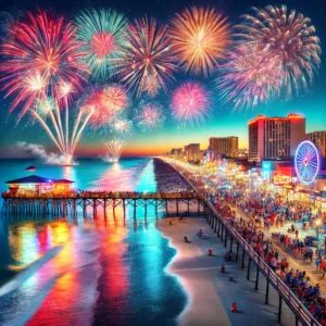 Fireworks illuminating the night sky over Myrtle Beach Boardwalk during New Year's Eve celebrations.