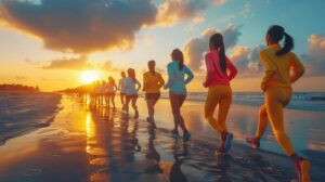 Participants practicing yoga on the beach during a beautiful sunset in Myrtle Beach