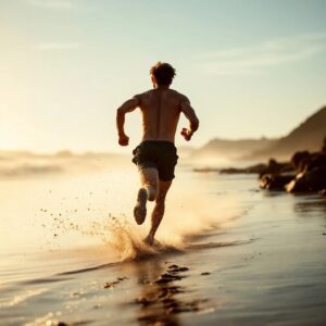 A runner jogging along the shore of Myrtle Beach, engaging in a high-intensity workout on the sand.