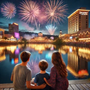 Families enjoying a colorful fireworks display over Lake Broadway at Broadway at the Beach